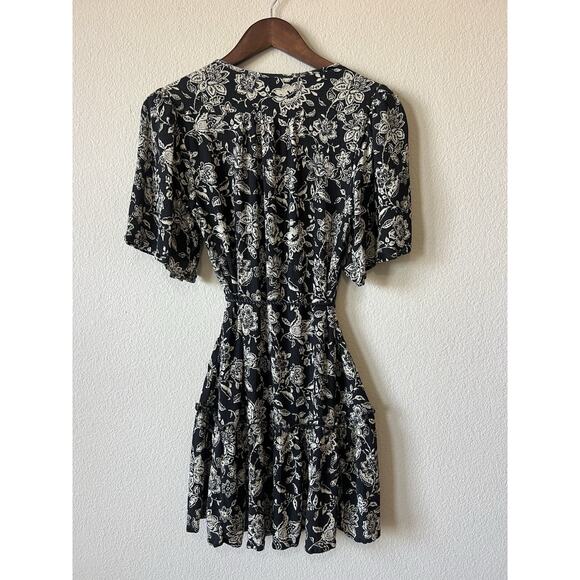 Faherty Tiered Mini Dress Sz S Boho Botanical Floral Tie Waist Button Front - Picture 6 of 11